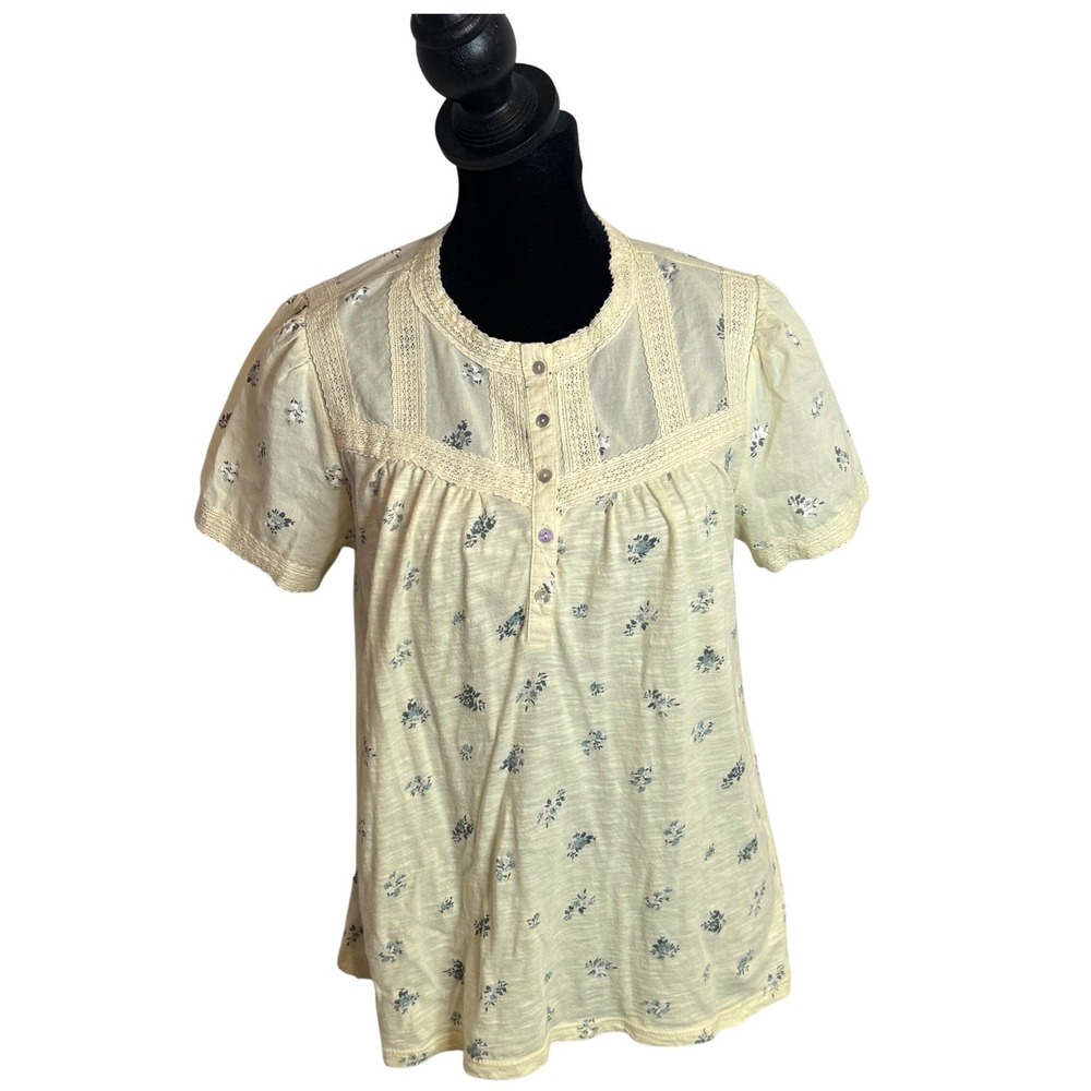 Lucky Brand Dainty Floral Top Womens M Yellow Slub Knit Lace Cottage BOHO